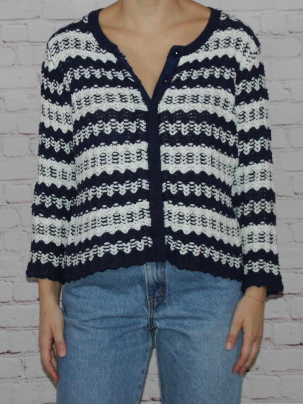Liz Claiborne Navy & White Striped Cardigan, Size Small